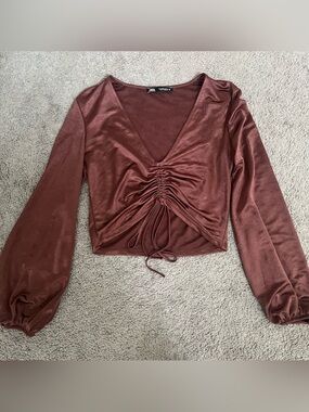 Zara Rust Brown Long-Sleeve Ruched Crop Top
